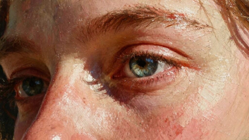 Close-up oil painting of a freckled young face crying with a tear, blue eyes, wet blonde hair, and red lips.