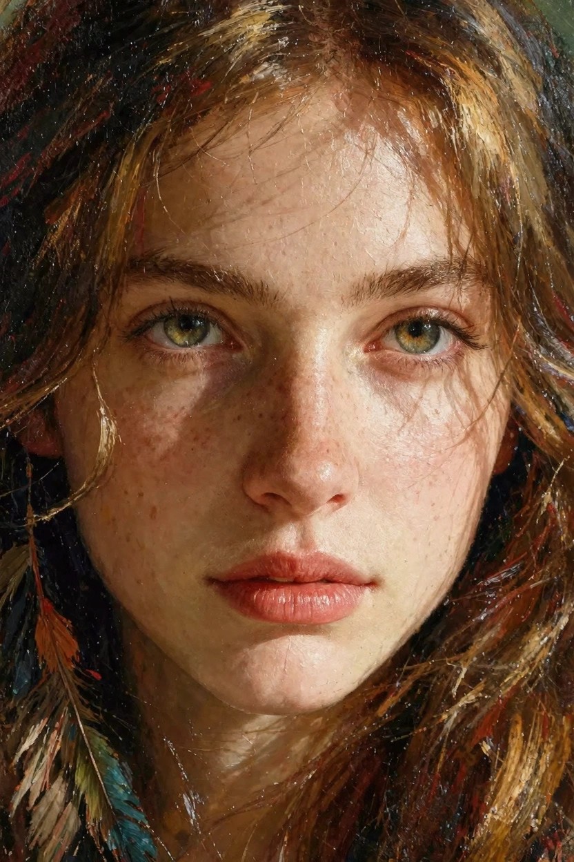 Oil painting close-up of a freckled young woman with green eyes, wavy auburn hair, and feathers in one side.