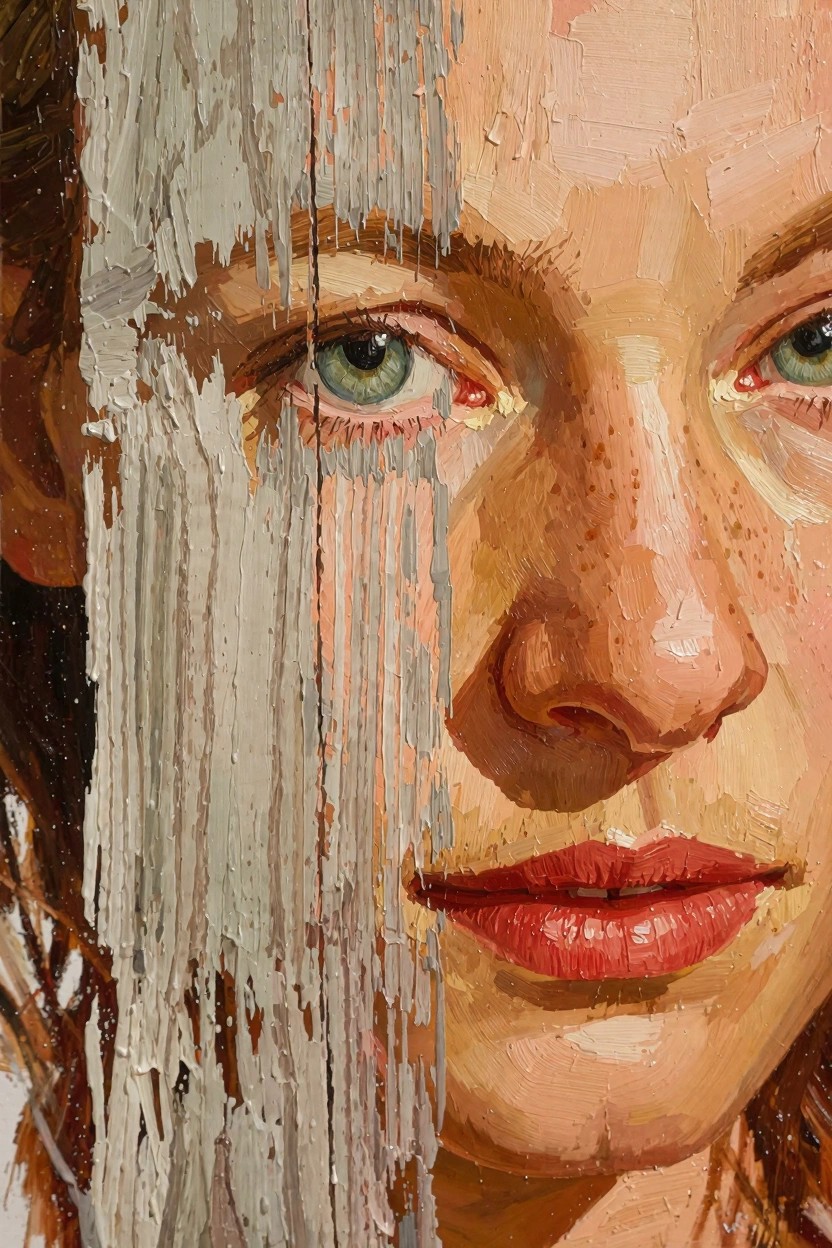 Close-up oil portrait of a woman's face with green eyes, freckles, and red lips, half covered by thick white paint drips.