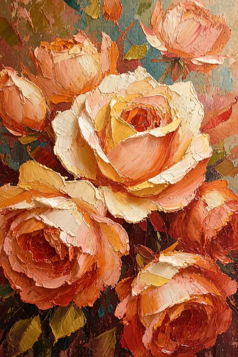 Oil painting of clustered peach, orange, and cream roses with thick impasto brushstrokes, green leaves, and dark background.
