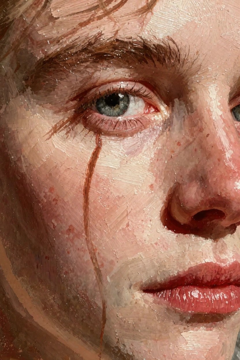 Close-up oil painting of a freckled young face crying with a tear, blue eyes, wet blonde hair, and red lips.