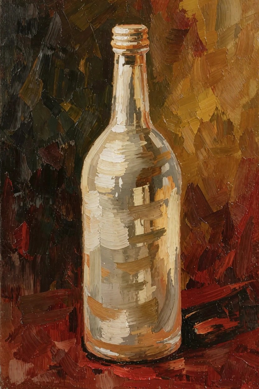 Oil painting of a clear reflective glass bottle with cap centered on a textured red surface against a dark warm background.