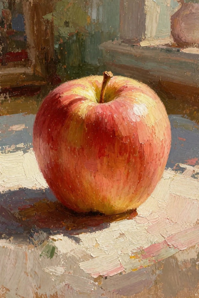 Oil painting of a red apple with stem on a textured table in sunlight, shadowed side, blurred green background and vase.