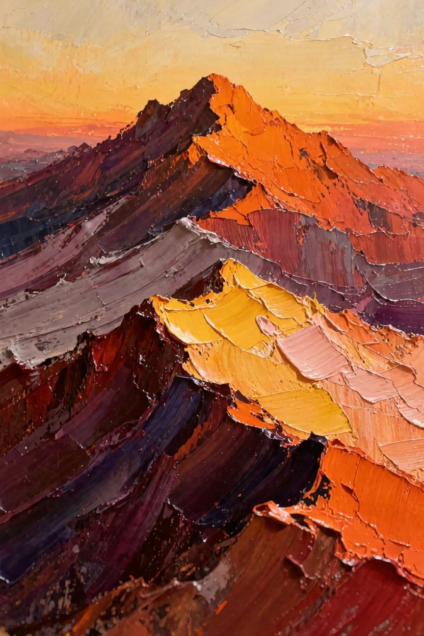 Oil painting of layered orange and yellow mountain peaks at sunset with thick textured brushstrokes and purple-gray shadows.