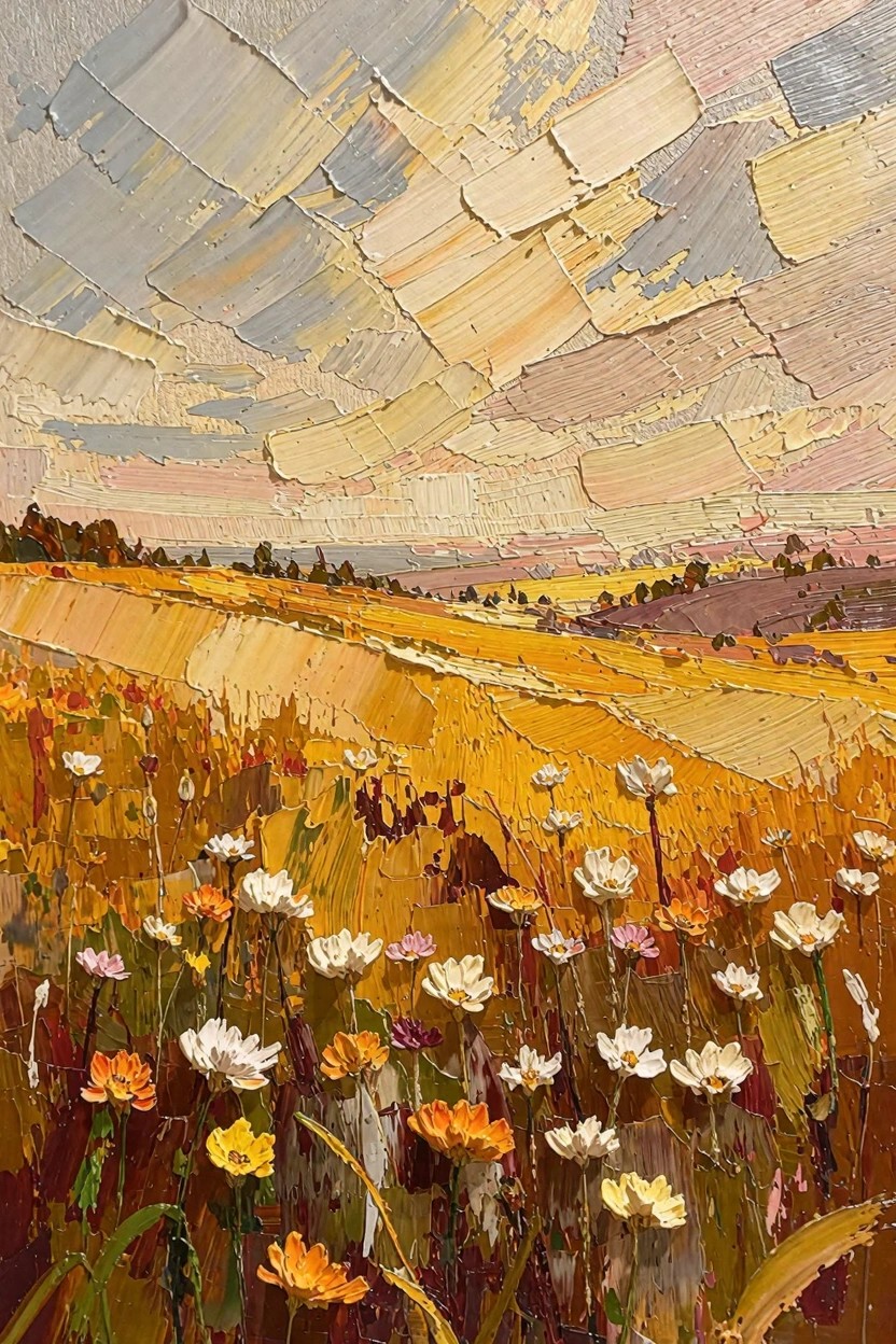 Oil painting of textured golden wheat fields with white, pink, and orange wildflowers in foreground, rolling hills, distant trees, and dramatic cloudy sky in yellows, pinks, and grays.