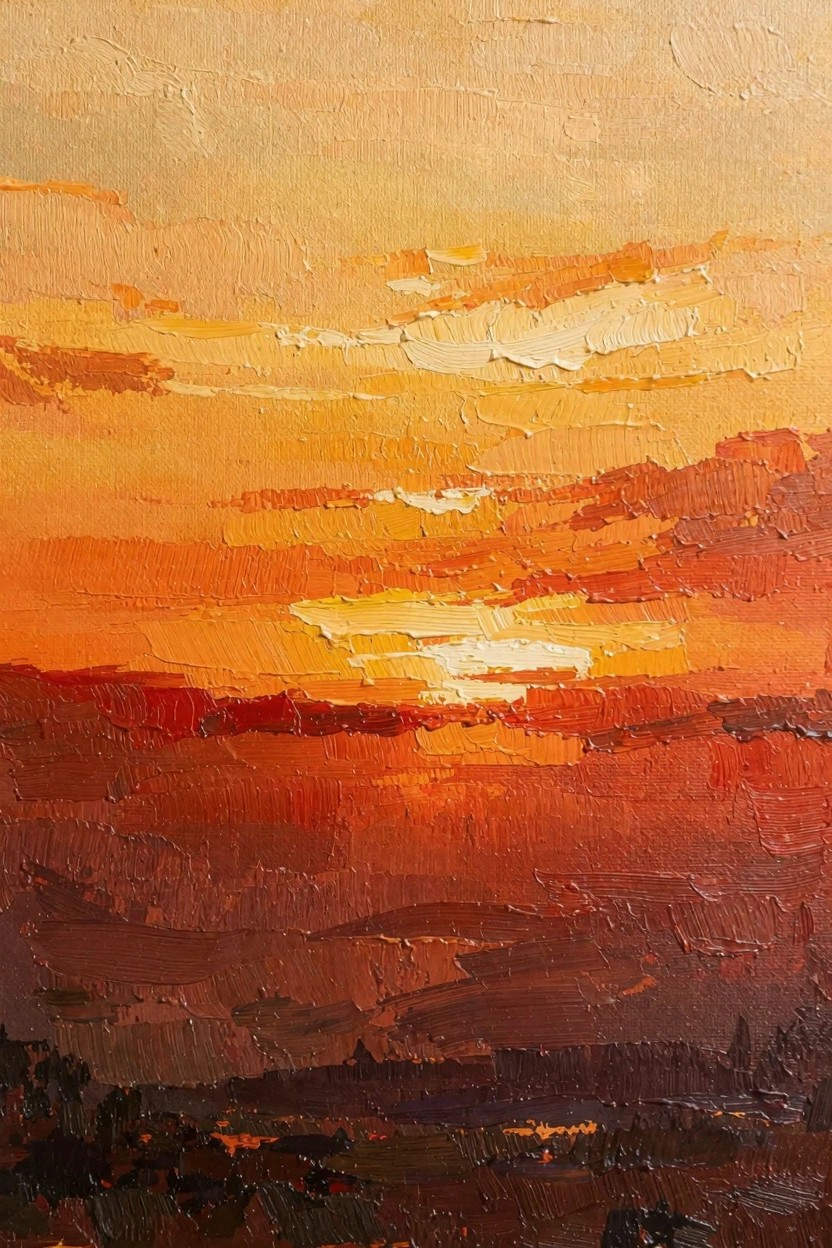 Oil painting of a textured sunset sky in yellows, oranges, and reds fading to dark brown land at the bottom.