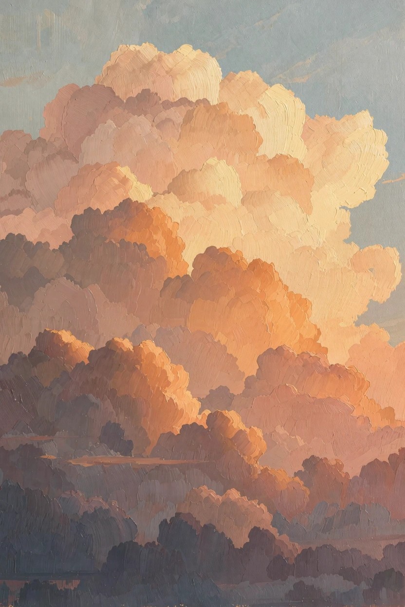 Oil painting of stacked fluffy clouds in sunset colors from dark blue-gray bottoms to bright orange and pink tops.