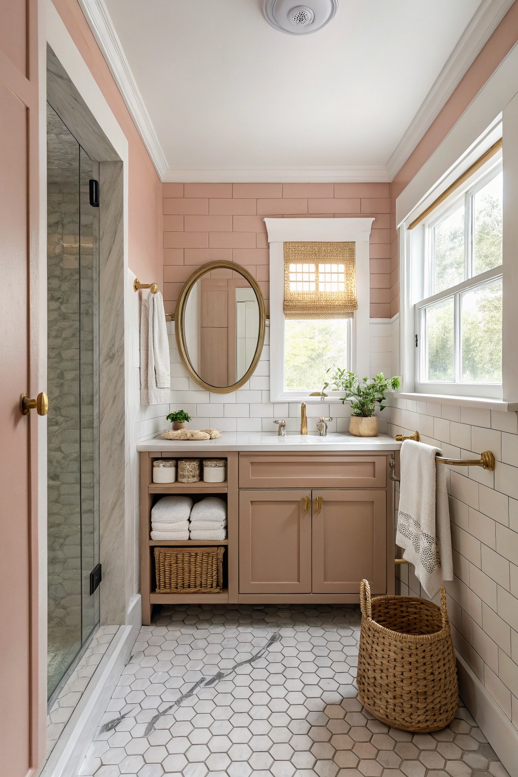 Cozy bathroom featuring soft blush pink walls, warm wood vanity with woven baskets, round gold mirror, glass shower, white subway tile, and hexagonal marble-look floor tile