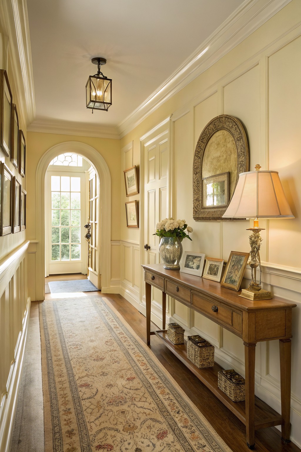 Elegant paneled hallway with creamy yellow walls, wood console table with flowers and photos, arched doorway with natural light