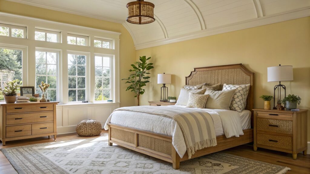 23 Cozy Warm Home Paint Colors That Create A Soft Glow Bedroom with pale yellow walls, rattan headboard bed draped in yellow throw, wood nightstands, potted plants, and bamboo shades on windows