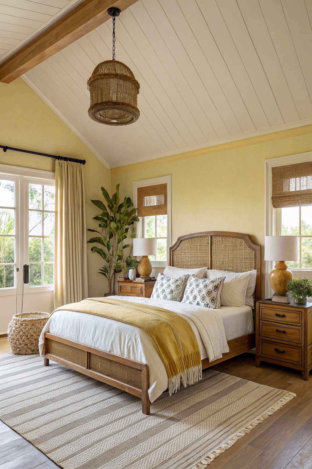 Bedroom with pale yellow walls, rattan headboard bed draped in yellow throw, wood nightstands, potted plants, and bamboo shades on windows