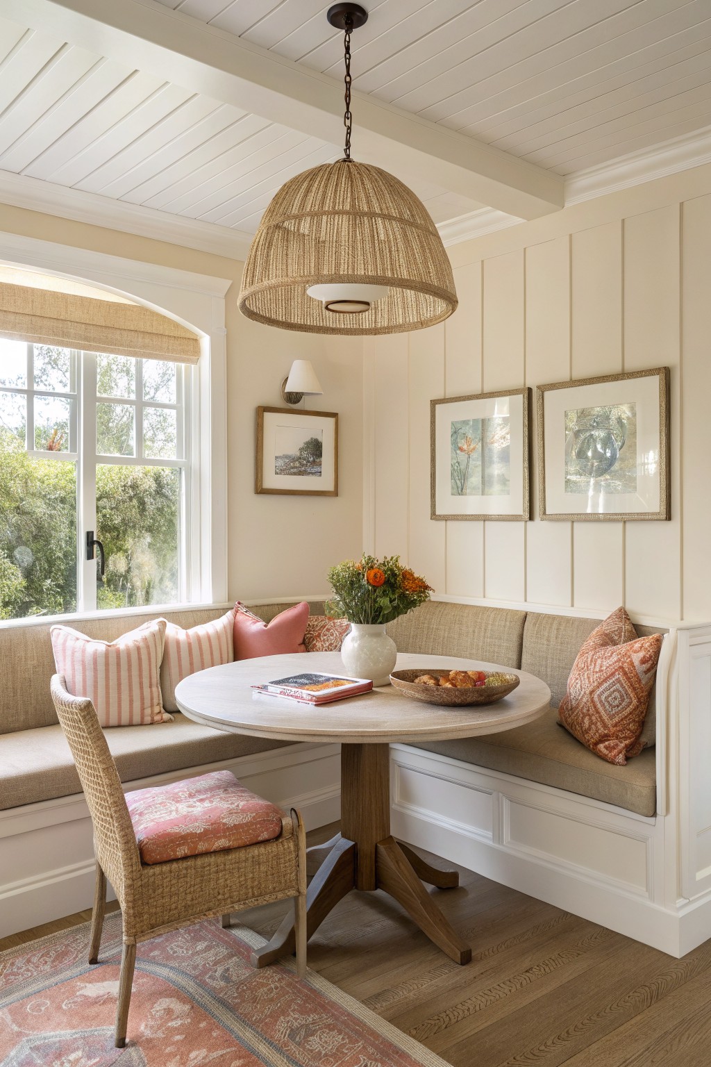 Cozy breakfast nook with soft creamy white shiplap walls, round wood table set with fruit bowl and flowers, built-in beige bench with colorful pillows, rattan chair, pendant light, and arched window with greenery view