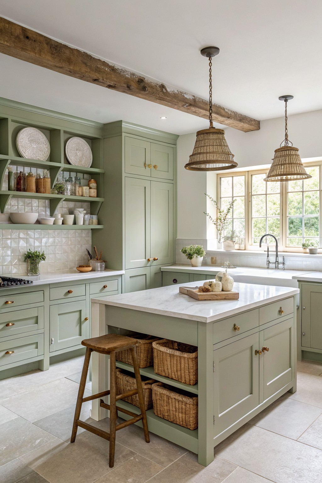 Cozy kitchen with pale sage green cabinets, white quartz island, rattan pendant lights, wood beams, and large windows overlooking greenery