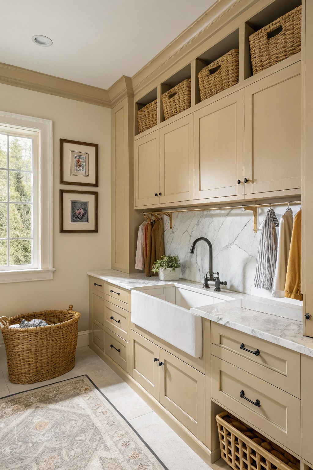 Laundry room featuring warm beige shaker-style cabinets, farmhouse sink on marble counters, hanging linens, and woven storage baskets