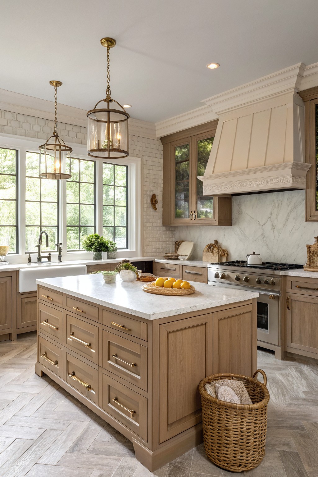 Cozy kitchen featuring warm beige wood cabinets, white marble island and backsplash, brass pendant lights, and large windows with greenery view