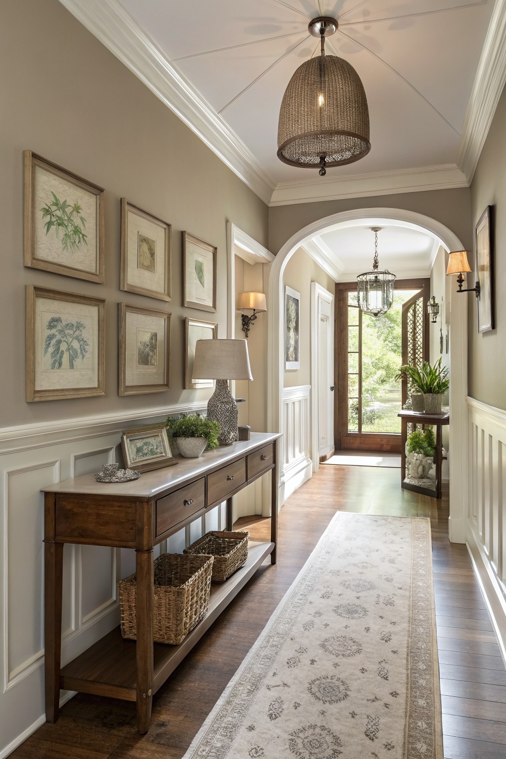 Cozy hallway with warm greige walls, wooden console table with plants and baskets, white wainscoting, and soft lighting from rattan pendant and entry door