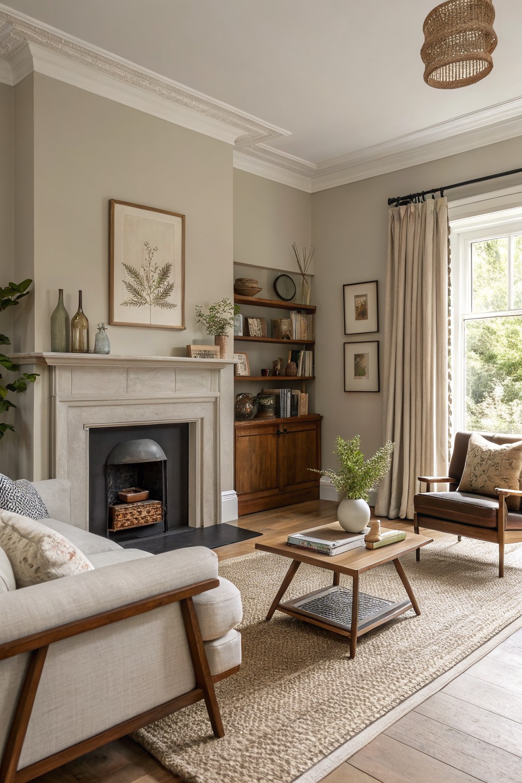 Cozy living room featuring warm greige walls, wooden armchair and sofa, stone fireplace, and potted plants on hardwood floors