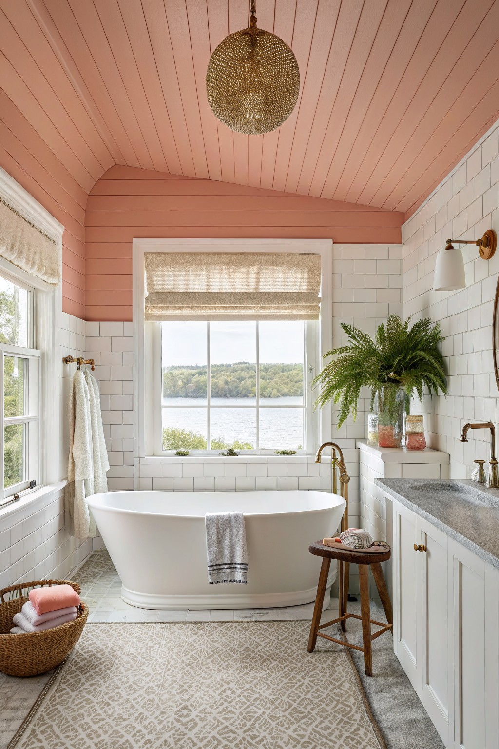 Cozy bathroom featuring soft peachy pink shiplap ceiling and upper walls, white freestanding tub, subway tile, wood stool, and window view of lake