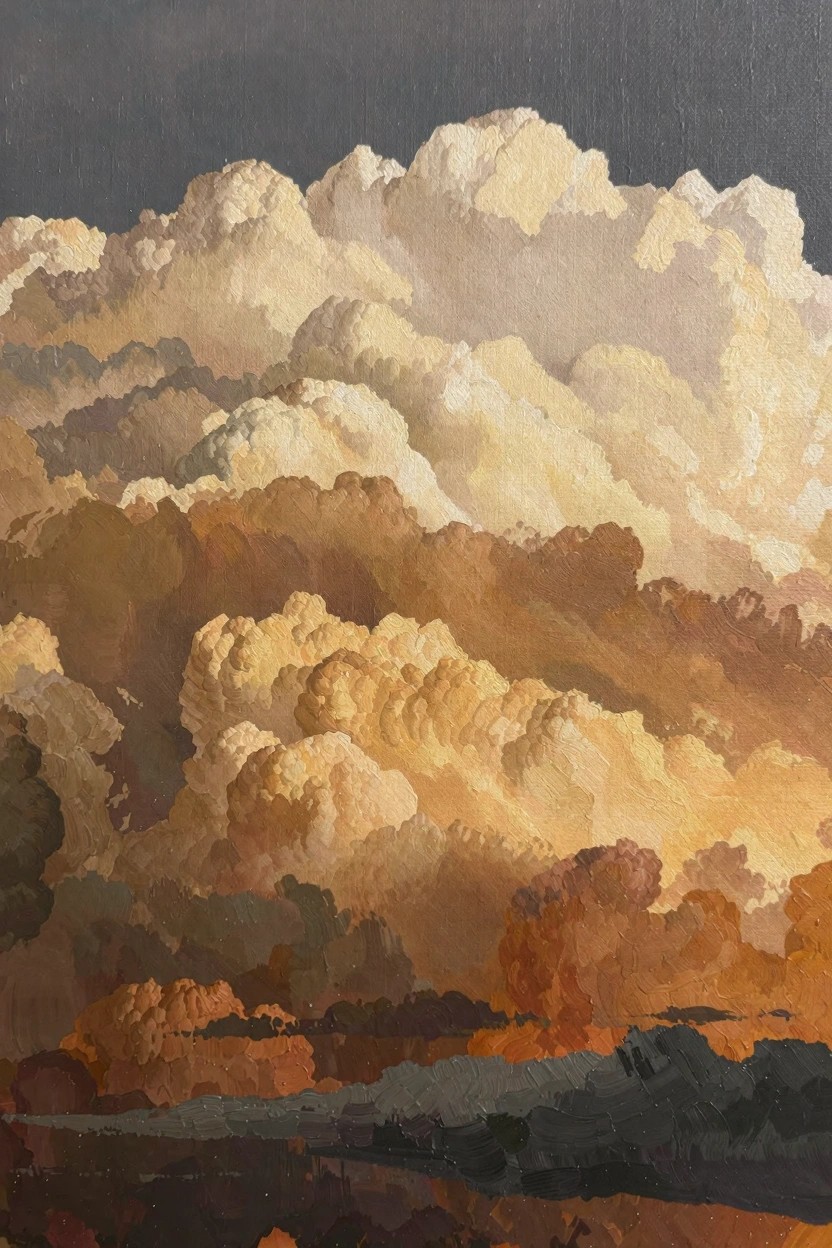 Oil painting of stacked fluffy clouds in whites, yellows, oranges, and browns over a dark foreground with reflection.