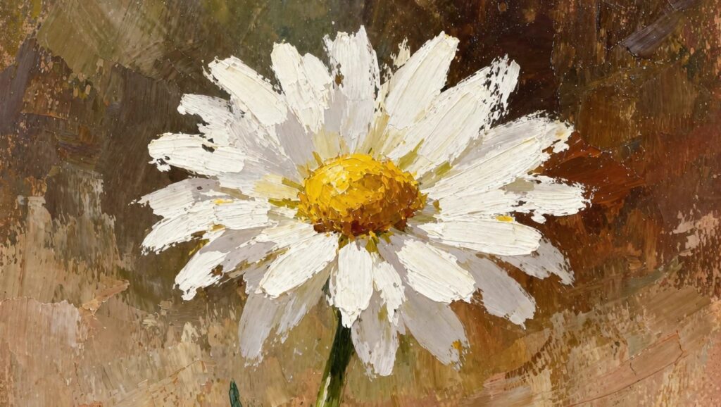 Oil painting of a white daisy with yellow center and textured warm brown background.