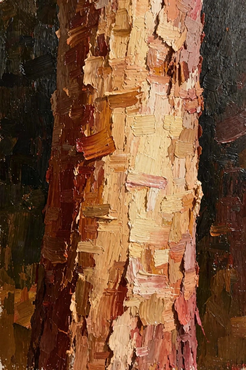 Close-up oil painting of peeling tree bark using thick impasto strokes in browns, oranges, yellows, and blacks.