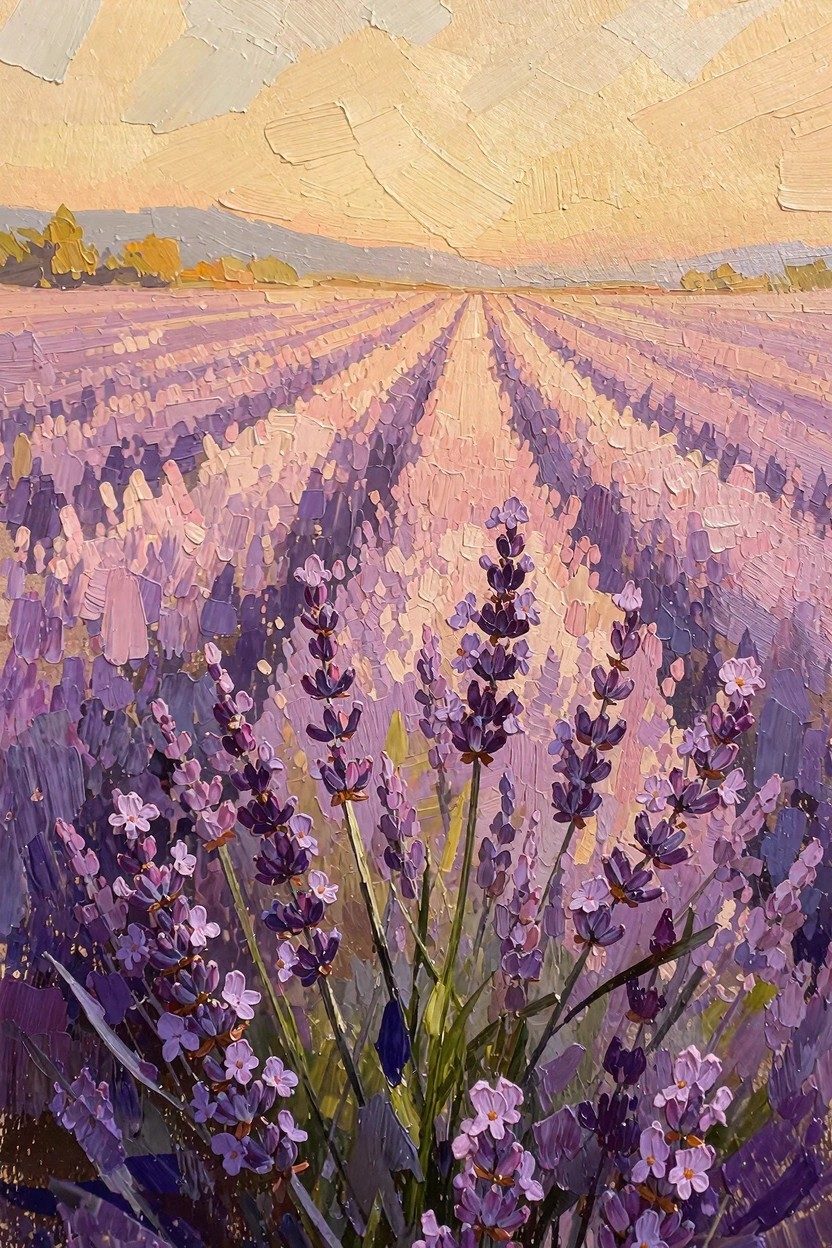 Oil painting of purple lavender fields in rows under a golden sunset sky, with detailed foreground flowers and distant hills.