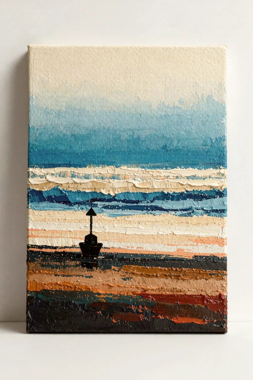 Oil painting on canvas showing a textured beach landscape with blue sky and waves, beige sand layers, and a small black lighthouse silhouette.