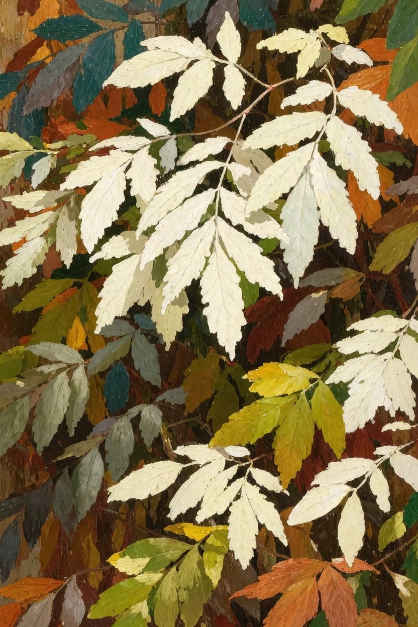 Oil painting close-up of overlapping white and pale leaves amid colorful green, yellow, orange, and red autumn foliage.