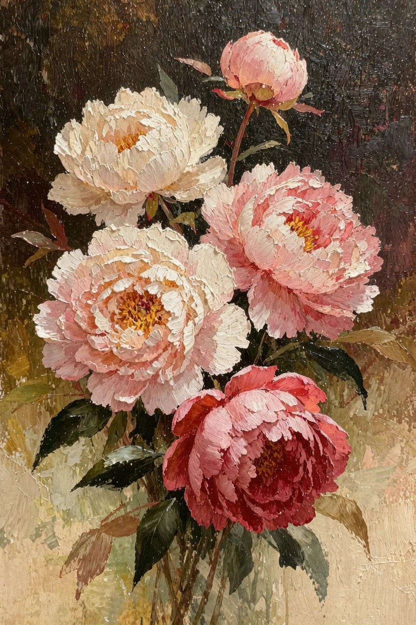 Oil painting of white to pink peonies in a glass vase with green leaves against a dark background.