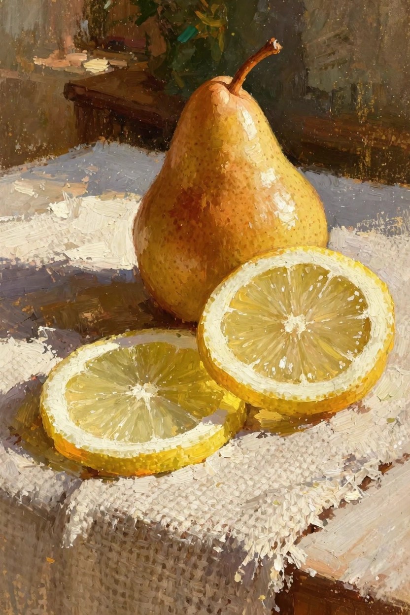 Oil painting of a golden pear next to sliced lemons on white cloth over a wooden surface with warm light and green background plants.