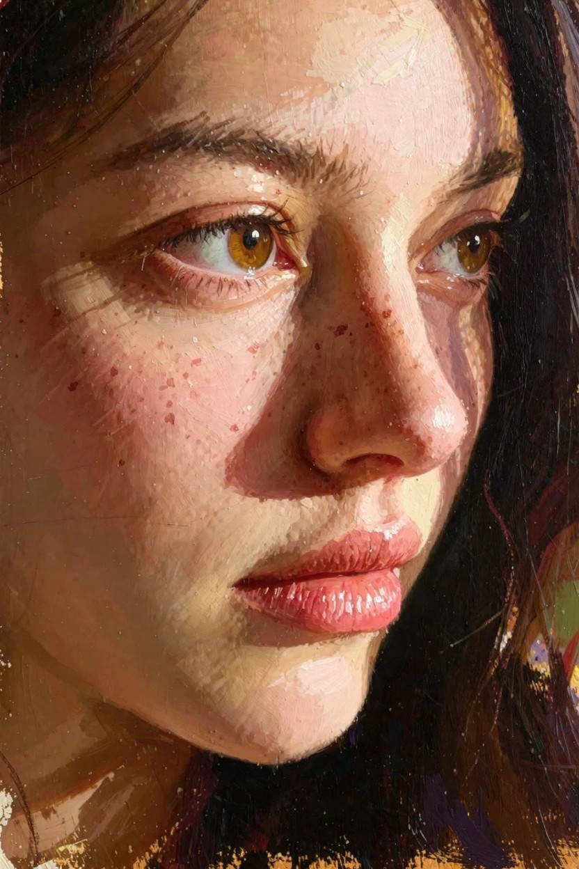 Oil painting close-up of a woman's profile face with dark hair, freckles, green eyes, and textured brushwork in warm light.