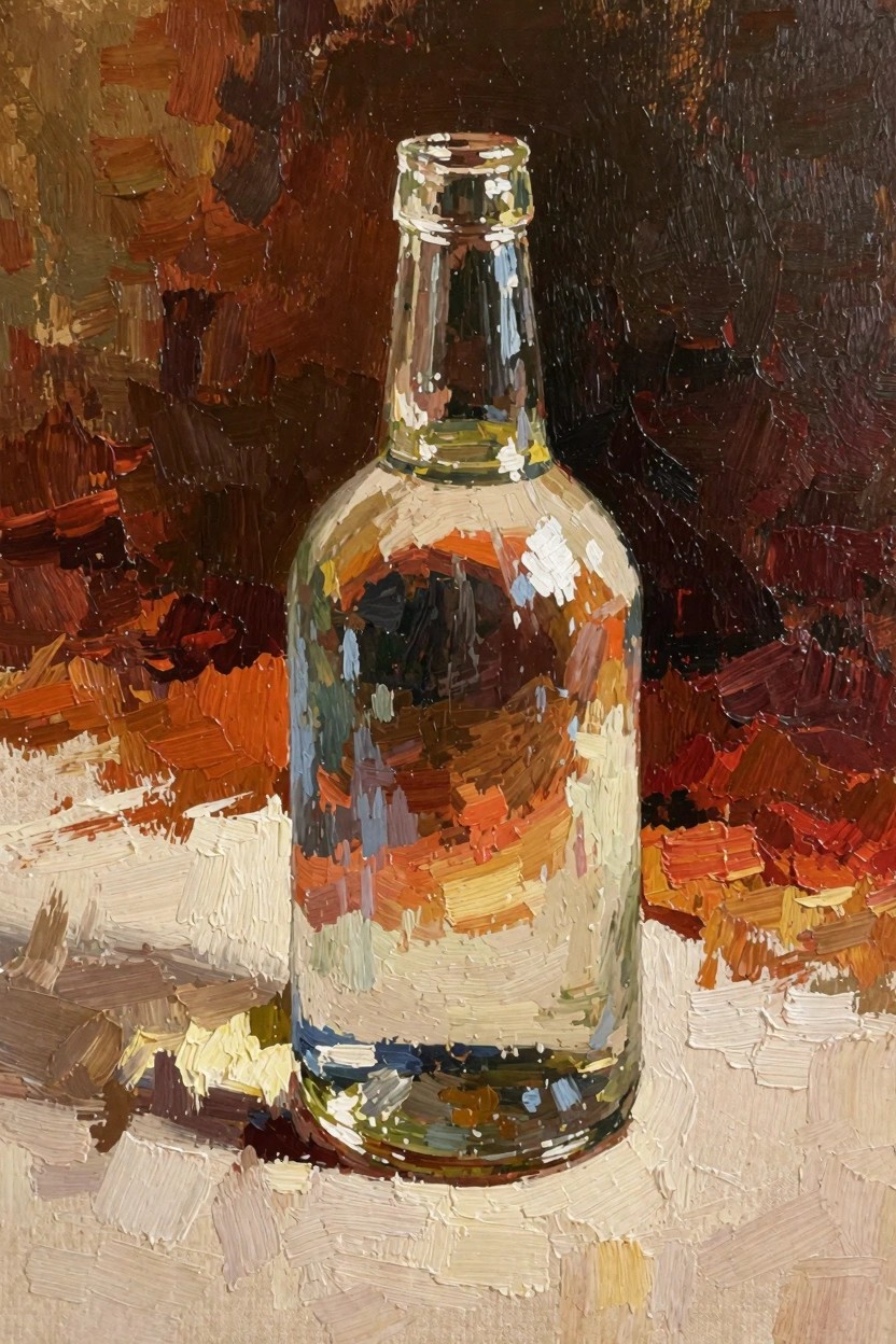 Oil painting of an empty clear glass bottle on a white surface with colorful reflections from a textured warm background.