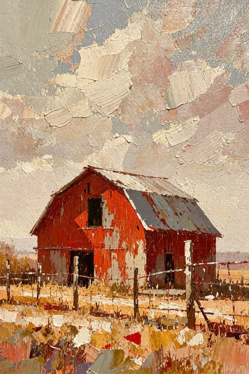 Oil painting of a weathered red barn with tin roof in a field, fenced by barbed wire, under a textured gray and white cloudy sky.