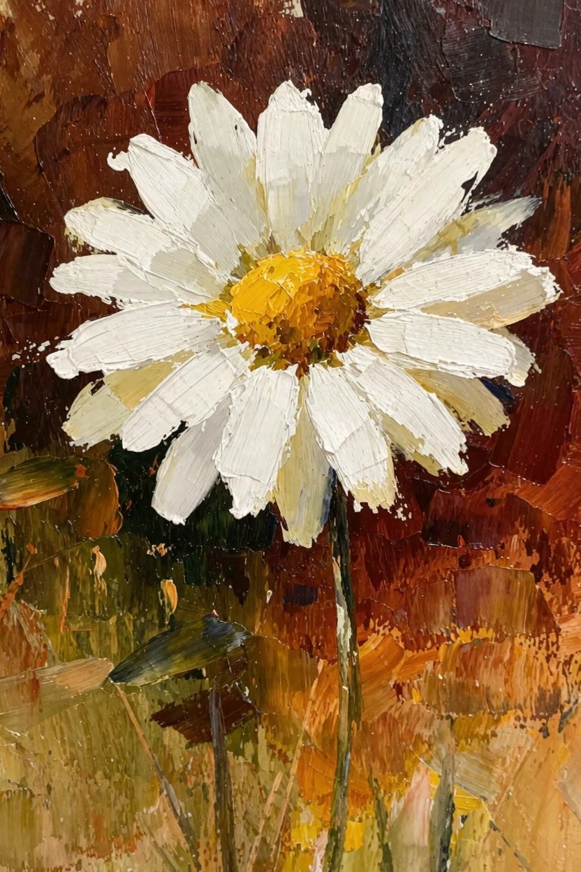 Oil painting of a white daisy with yellow center and textured warm brown background.