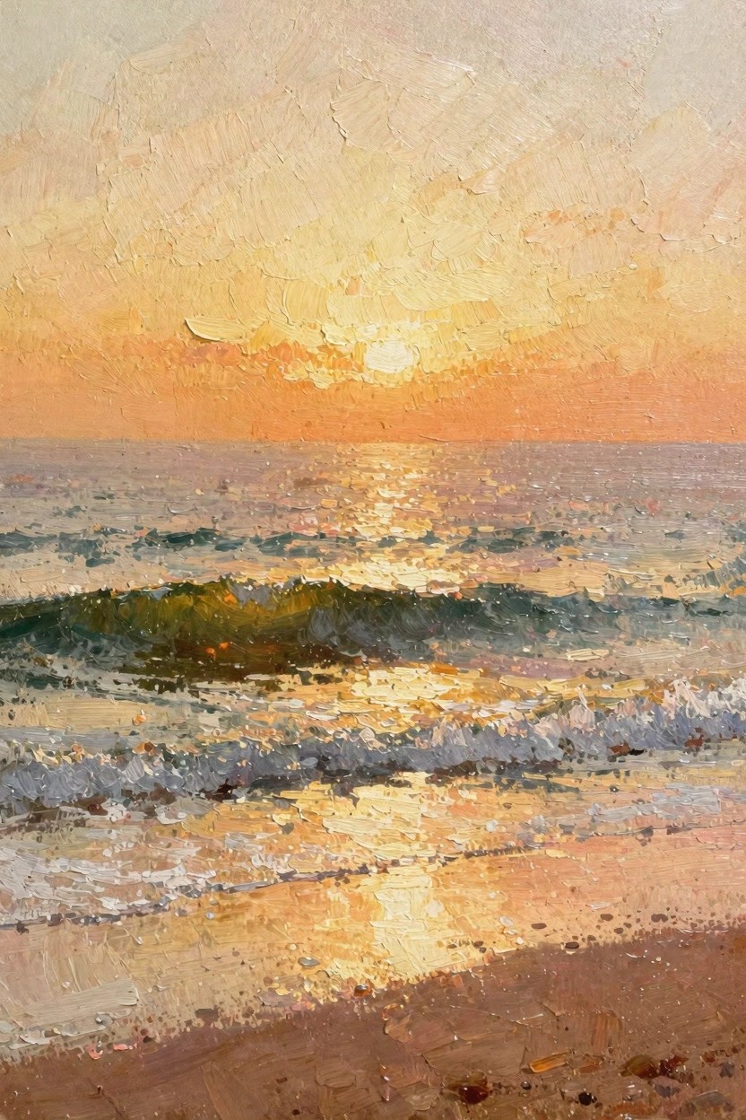 Oil painting of orange sunset over ocean waves breaking on sandy beach with glowing reflections.