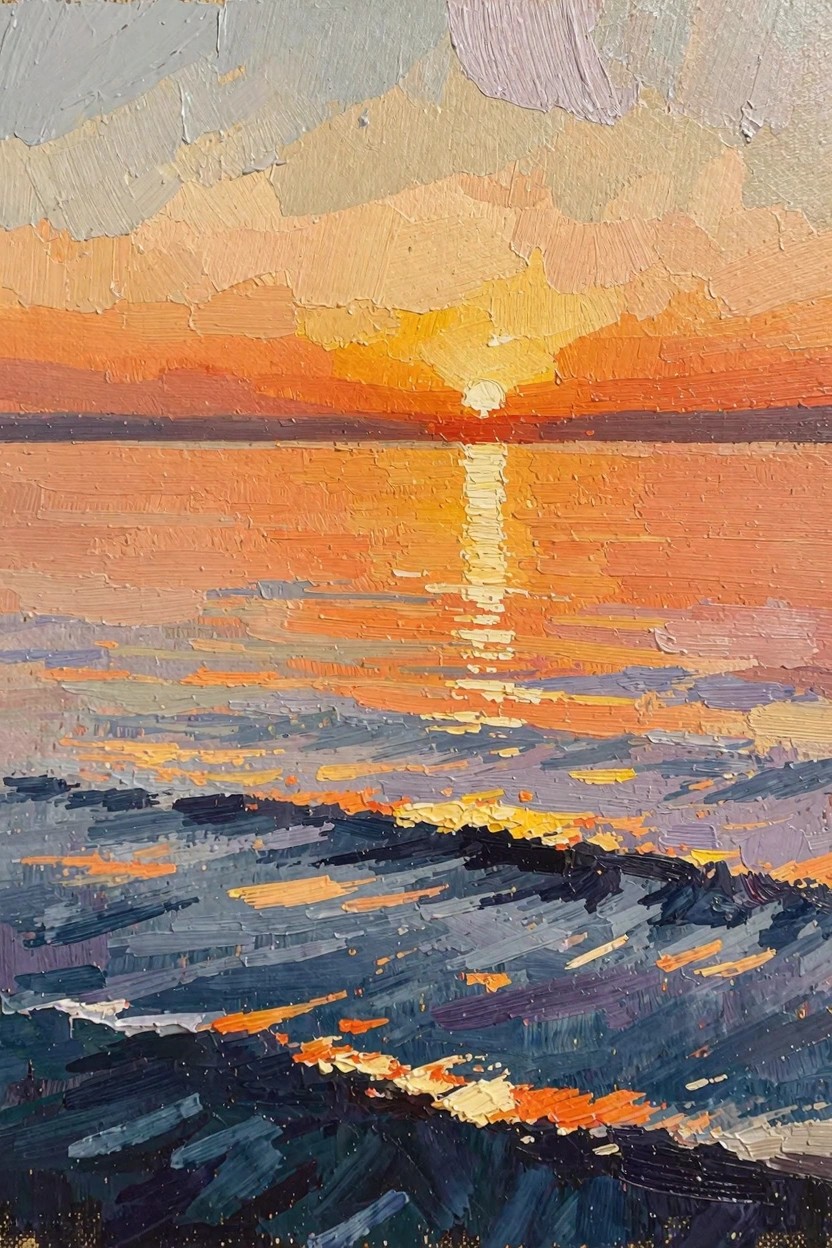 Oil painting of an orange sun setting over water, reflecting in a golden path amid textured blue-purple waves.