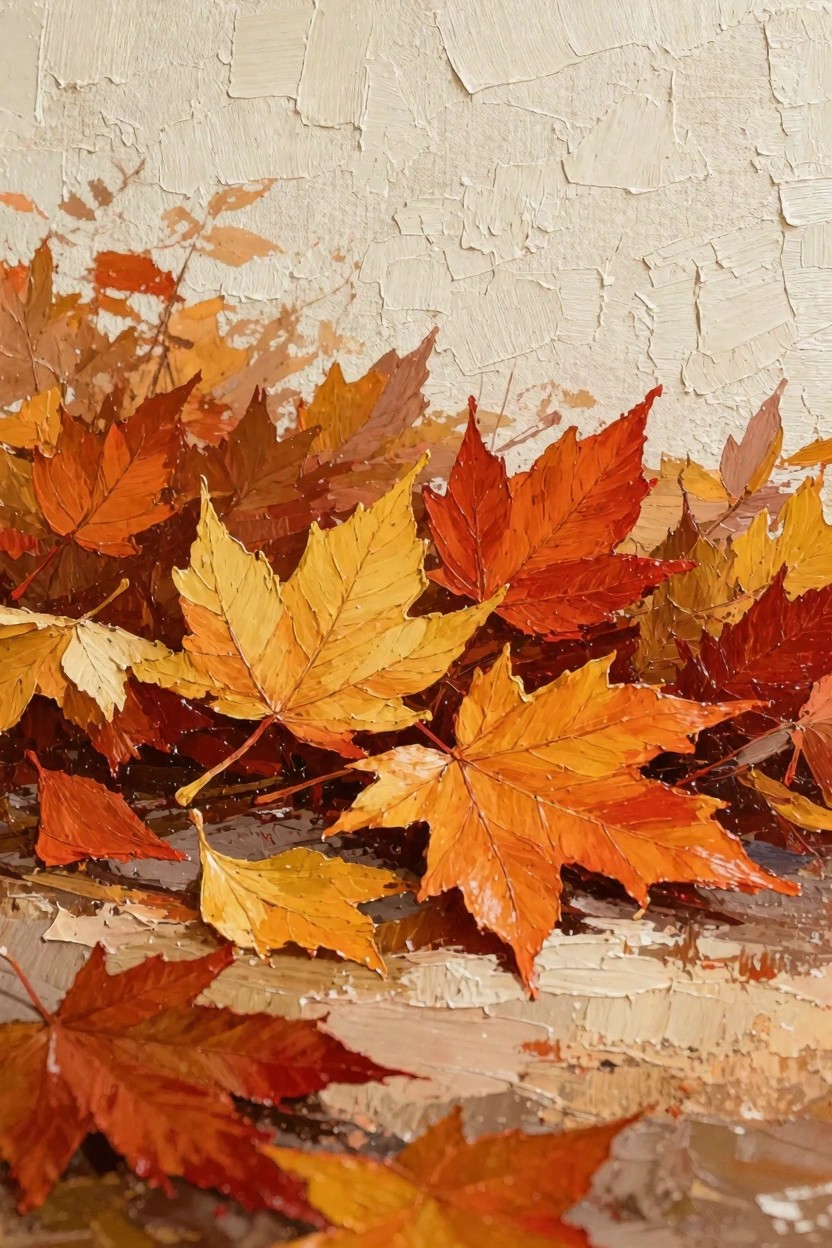 Oil painting of overlapping red, orange, and yellow maple leaves with impasto texture on a beige ground.