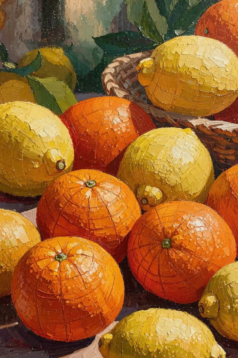 Oil painting of oranges and lemons overflowing from a textured woven basket on a dark surface.