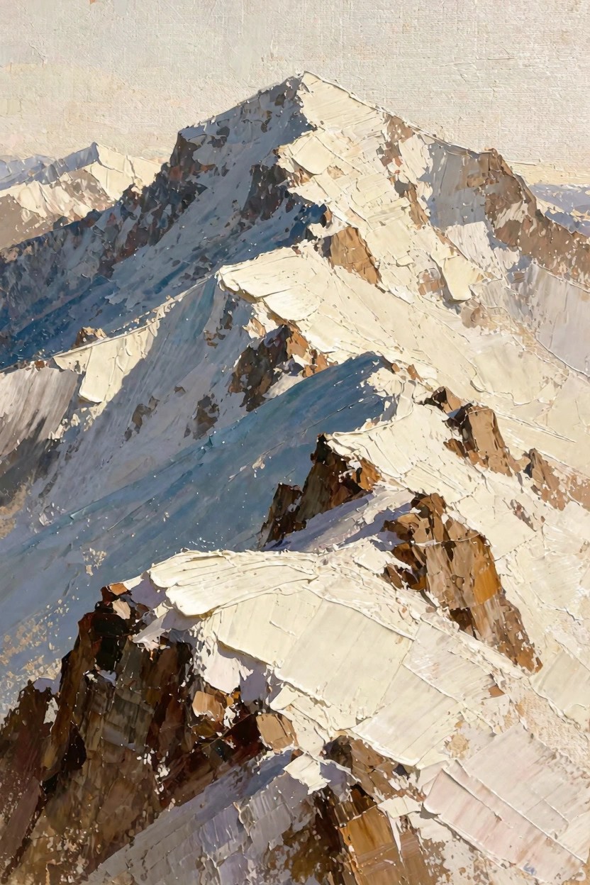 Oil painting of multiple snow-covered mountain peaks with rocky ridges, blue shadows, and textured white snow.