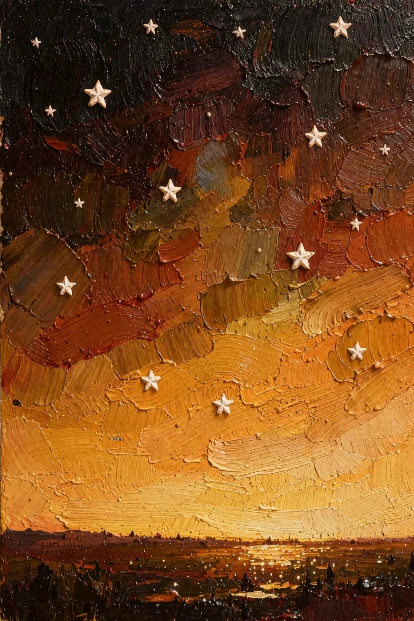 Oil painting featuring a dark starry sky with embedded white starfish shells blending into an orange sunset horizon over water, reeds, and distant landscape.
