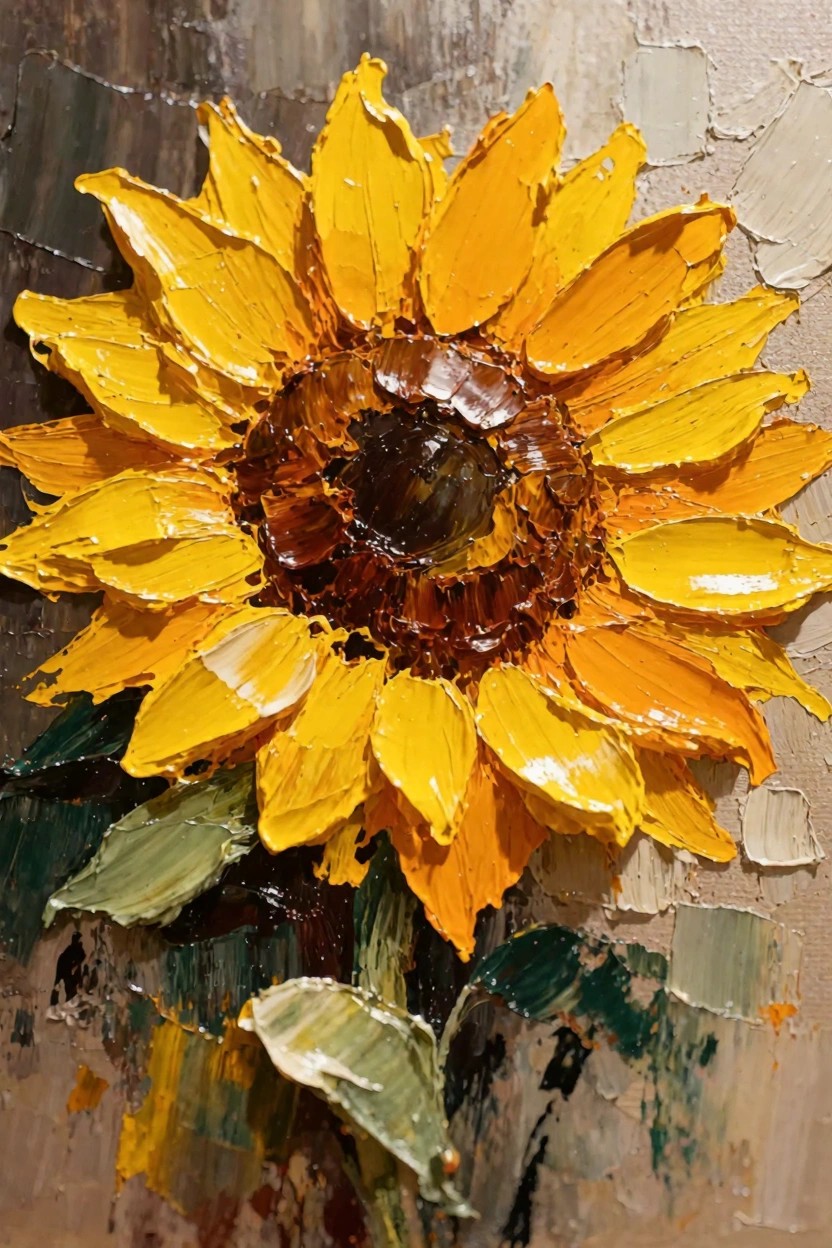Oil painting of a close-up sunflower featuring thick yellow petals, brown center, green stem and leaves on a textured beige background.
