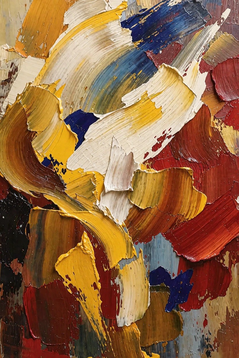 Abstract oil painting featuring thick, swirling impasto brushstrokes in yellow, blue, red, white, and earth tones.