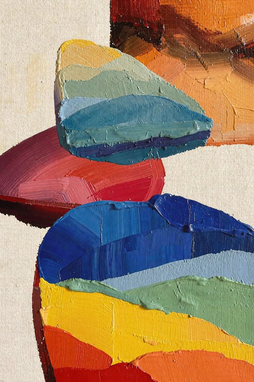 Abstract oil painting of overlapping rounded shapes in vibrant blues, greens, yellows, reds, and oranges with thick impasto texture on a beige background.