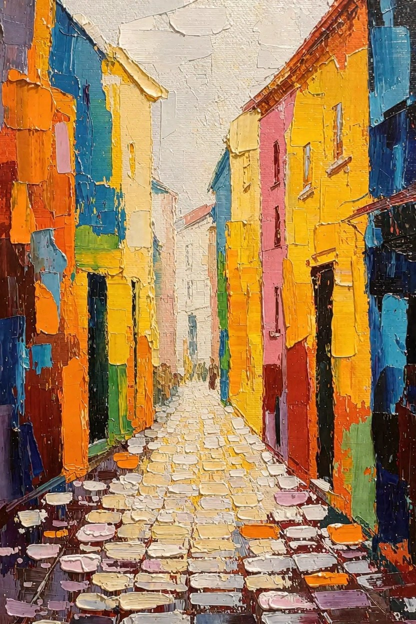 Textured oil painting of a narrow cobblestone alley lined with colorful buildings in impasto style.