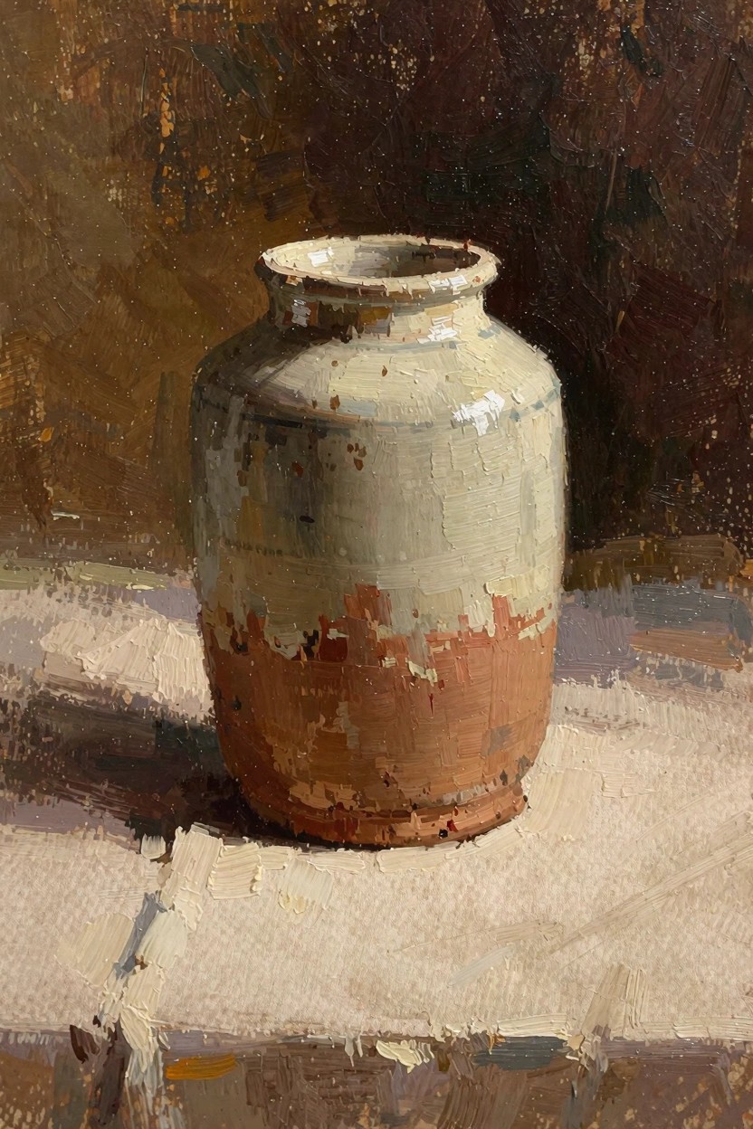 Oil painting of a tall chipped beige vase with red lower half on light fabric against a dark warm background.