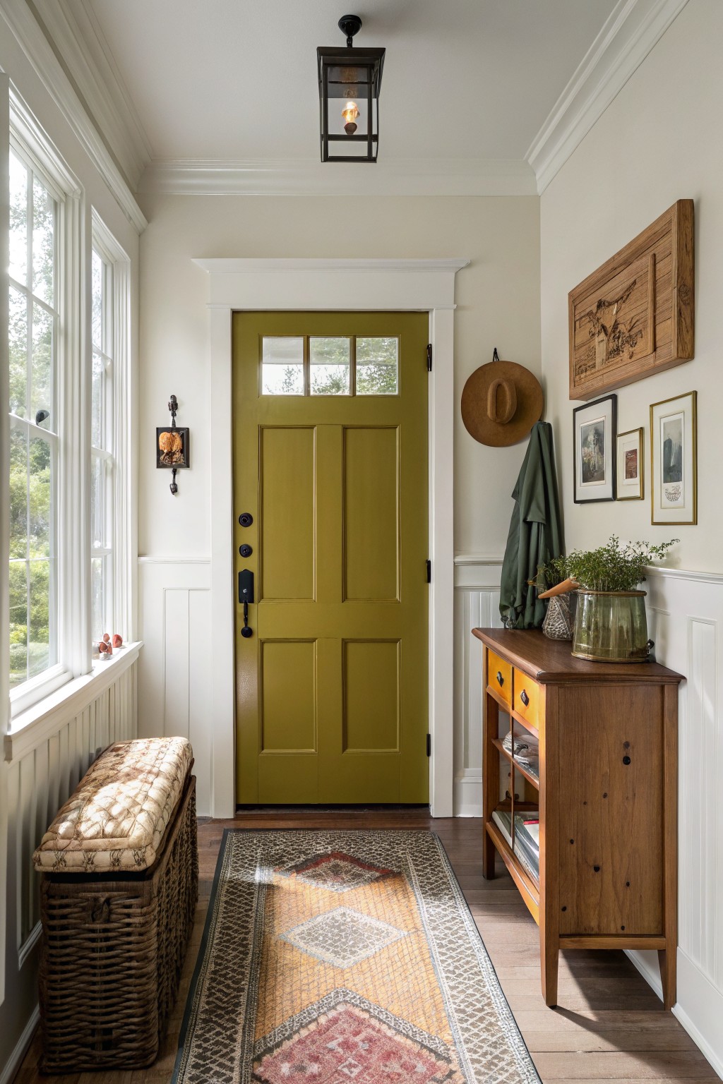 Charming entry hall with bright green paneled front door, creamy white wainscoting, wooden side table, and natural light from windows