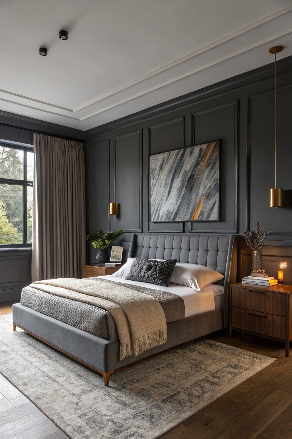 Bedroom featuring deep charcoal gray paneled walls with a tufted gray bed, wood nightstands, and warm brass lighting