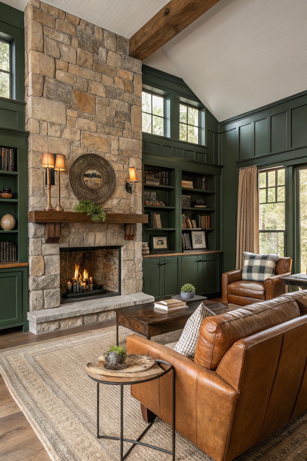Cozy home library featuring deep green paneled walls around a stone fireplace, with leather sofas, wooden beams, and bookshelves