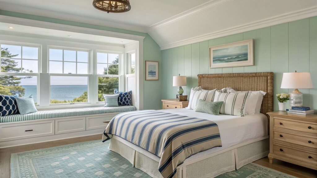 23 Creative Paint Color Ideas That Refresh Any Home Bedroom with pale mint green shiplap walls, rattan bed, ocean-view windows, and blue-striped bedding