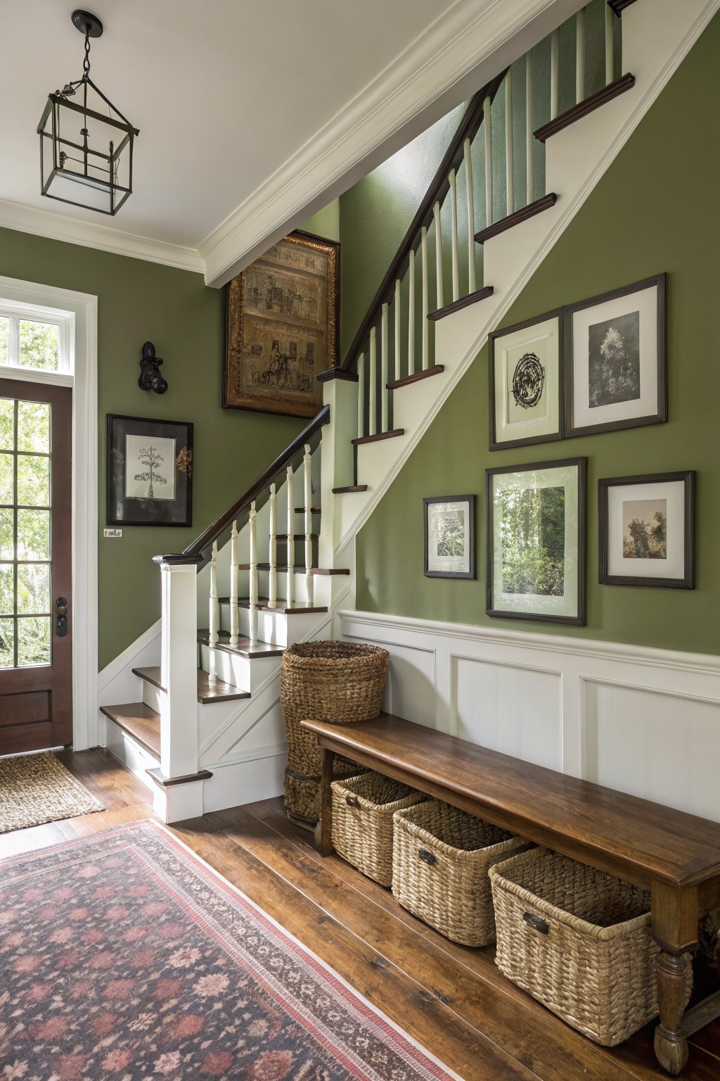 Stairwell entry with muted sage green upper walls, white wainscoting, wooden bench holding seagrass baskets, and assorted framed art